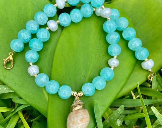 Aqua Green Crackle Glass & Japanese Water Pearls, Large Seashell Accent Charm.