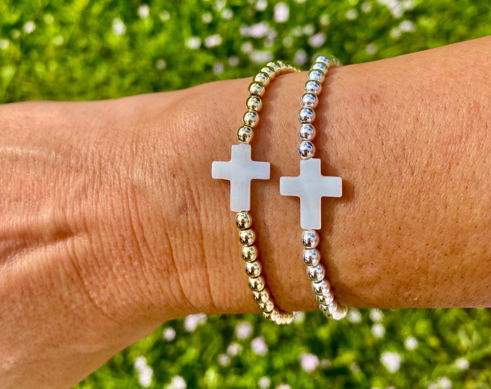 Silver Filled Beaded Cross Bracelets. Center Mother of Pearl Cross Charm.